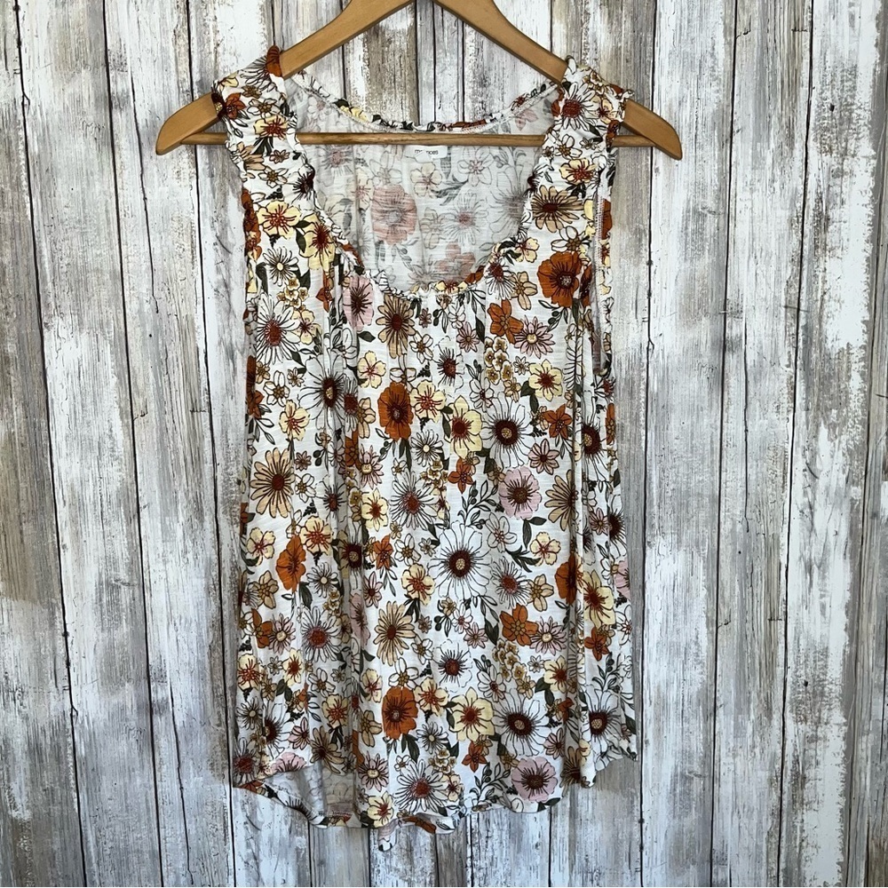 Maurices Retro Floral Ruffle Tank Top Orange Ivory Boho Large - Picture 2 of 6